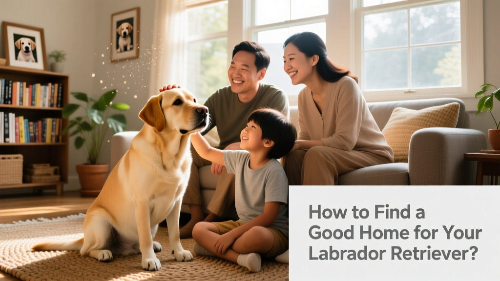 A calm, friendly Labrador Retriever sitting beside a smiling family in their living room