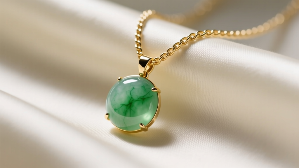 Close-up of a 14k gold cable chain holding a small translucent 8mm Type A jadeite cabochon pendant resting on ivory silk.
