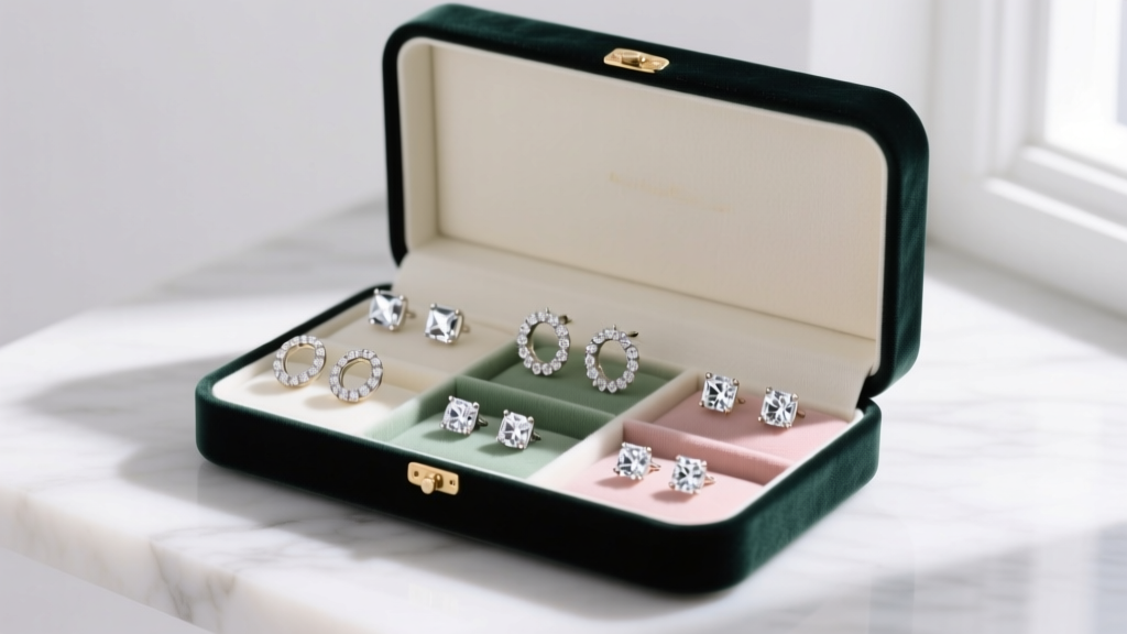 Open velvet jewelry box displaying organized high quality cz hoop earrings and studs, separated by individual soft fabric dividers