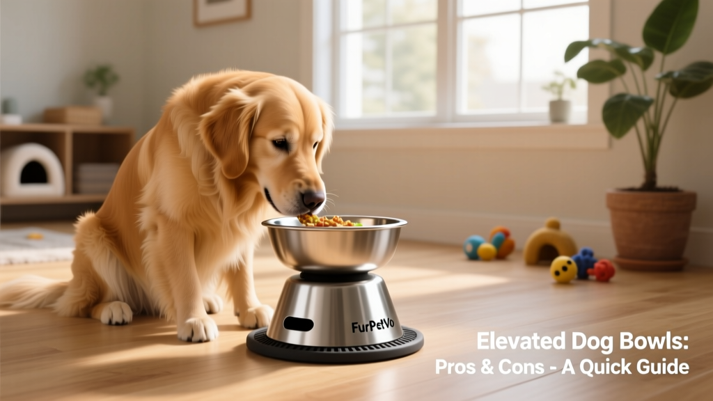 A golden retriever comfortably eating from a FurPetVo elevated stainless-steel feeder with anti-slip base