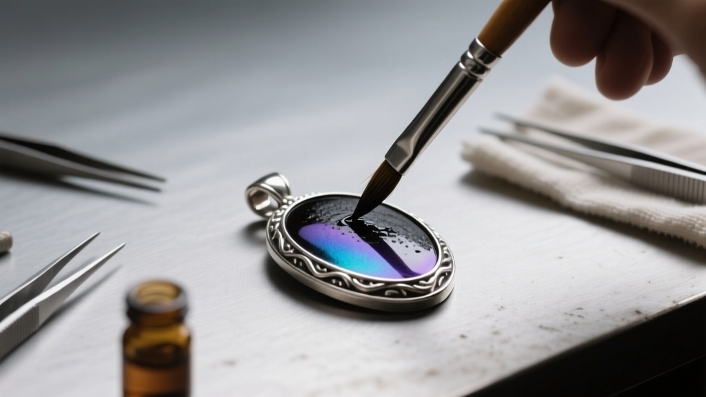 Macro photography of a jewelry workbench showing liver of sulfur being applied to a 925 silver cinematic replica pendant piece.