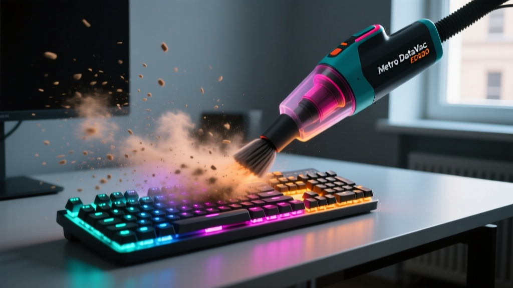Metro DataVac ED500 electric duster blowing dust out of a mechanical keyboard with RGB backlighting in a dimly lit room