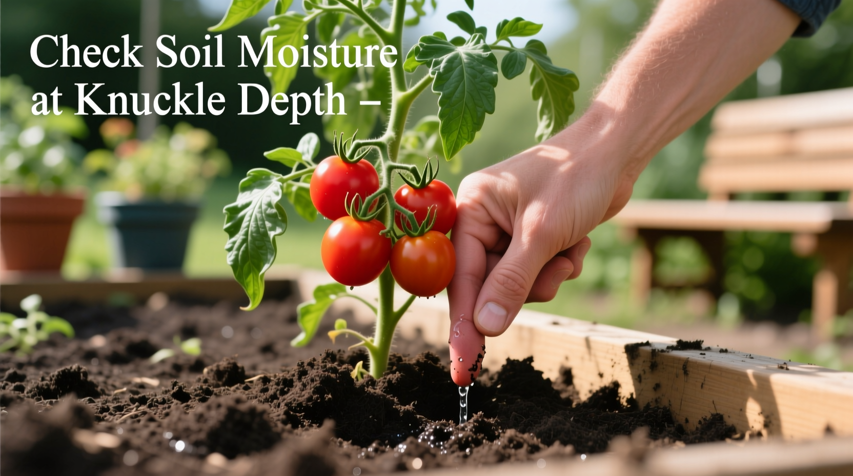 Tomato plant showing proper soil moisture testing technique