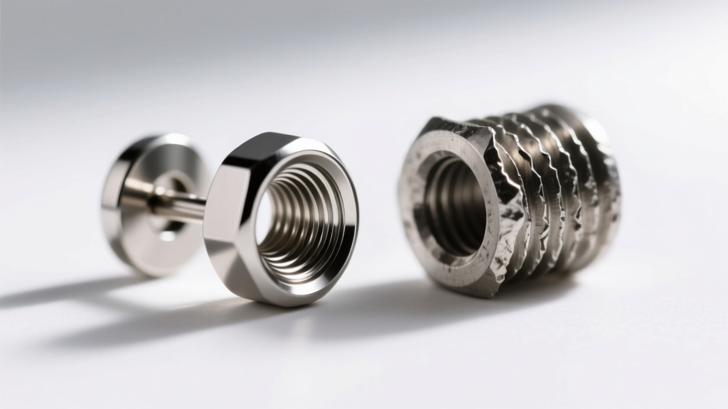 Extreme macro shot of internally threaded titanium earring post showing smooth threads next to a rough cheap metal post