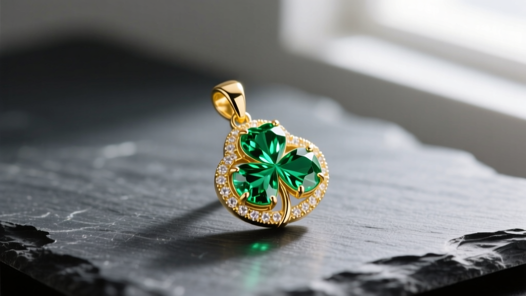 Close-up of 18k yellow gold emerald clover pendant on dark slate, showing vivid green gemstone facets and a secure bezel setting.