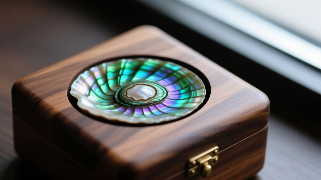 Macro shot of iridescent abalone shell inlay on a wooden jewelry box lid, highlighting vibrant green and blue natural striations