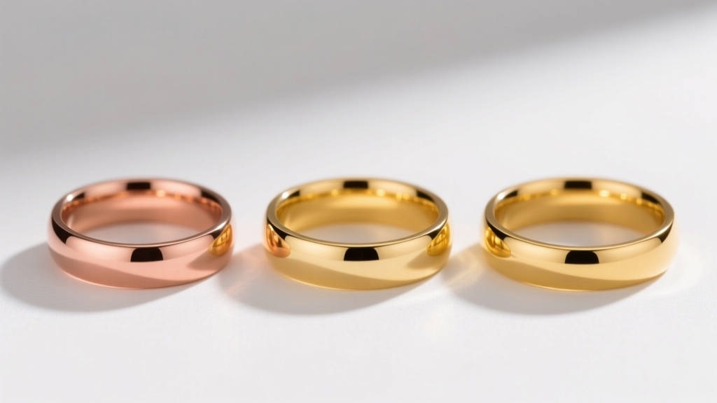 Side-by-side comparison of a rose gold, yellow gold, and chocolate gold band, highlighting the distinct earthy brown tones.