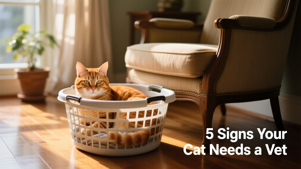 Cat resting quietly in an unusual spot, like inside a laundry basket or behind furniture