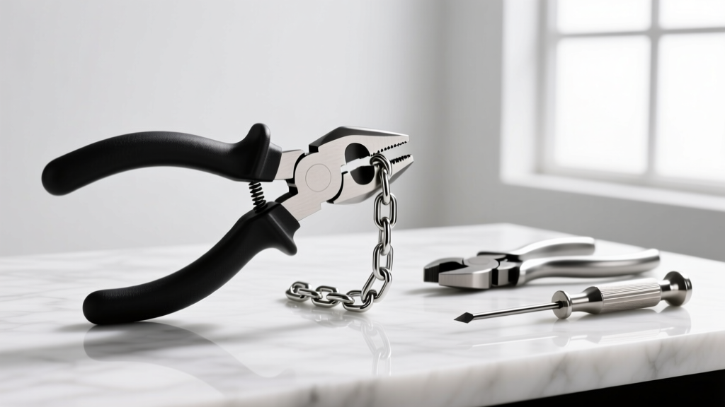 Nylon jaw pliers holding a 22-gauge rolo chain, with flush cutters and a jeweler's loupe resting on a wooden workbench.