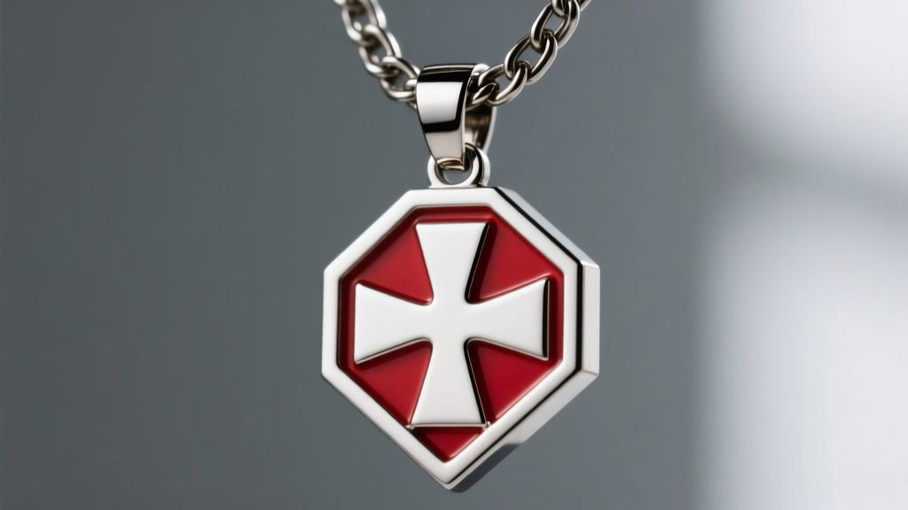 Close-up of a custom stainless steel pendant merging Squid Game guard symbols with a Thanos cross motif on a thick chain