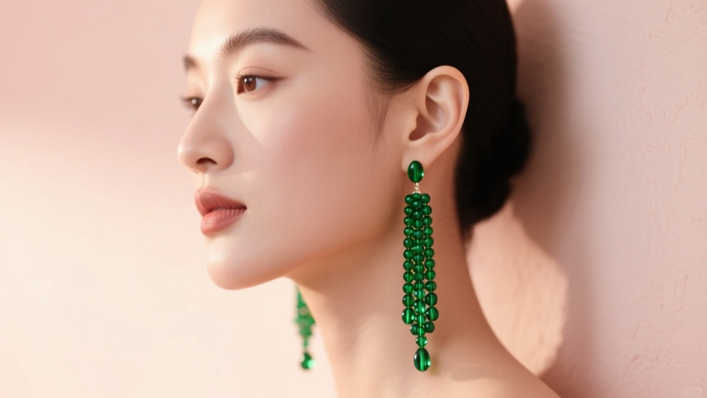 Side profile of a woman with a round face wearing long green glass seed bead dangle earrings against a soft, warm pastel wall.