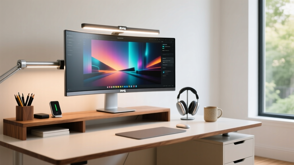 Modern home office desk with curved ultrawide monitor on aluminum arm, illuminated by BenQ ScreenBar Halo and organized with walnut shelf
