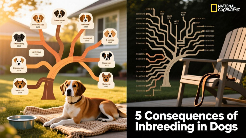Infographic showing a healthy pedigree chart with diverse lineage versus a tightly clustered inbred pedigree, illustrating genetic bottlenecking