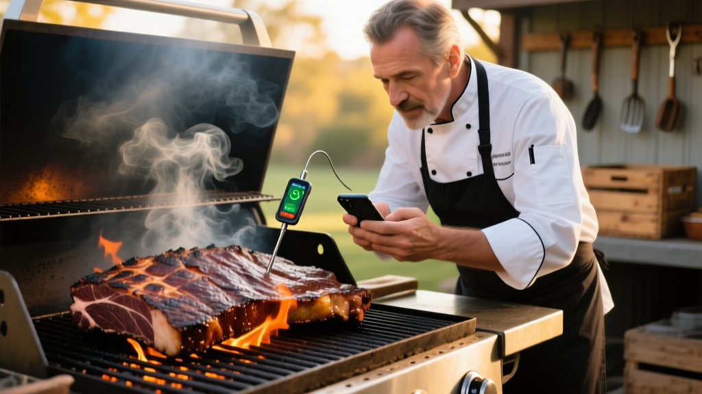 Pitmaster checking smartphone app connected to wireless meat probes inserted into smoking beef brisket on a charcoal grill