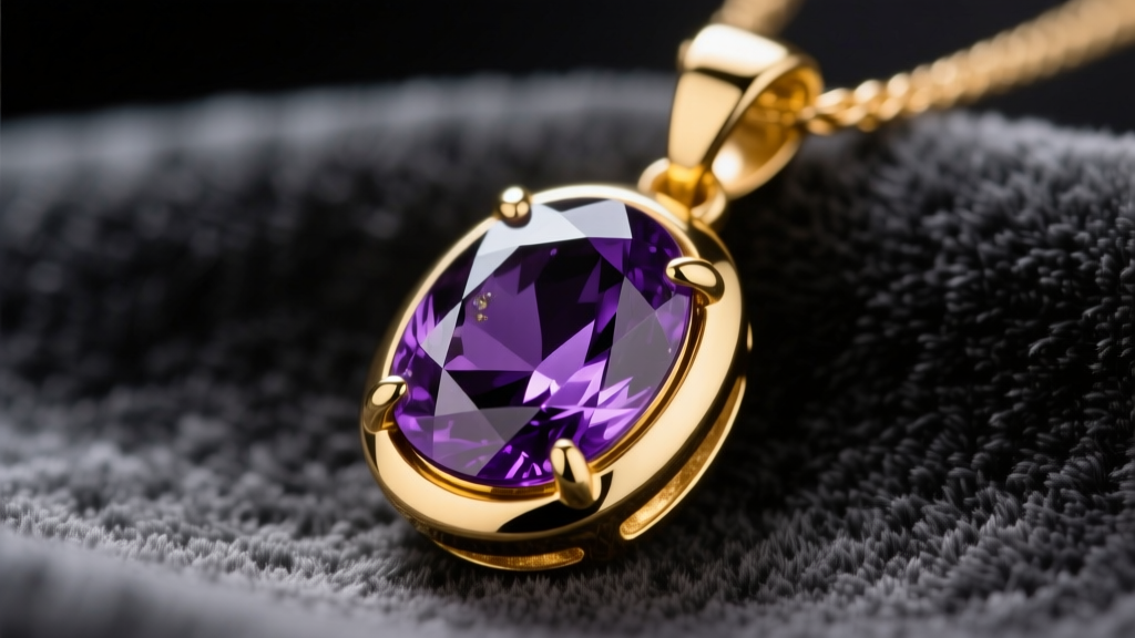 Macro shot of a 14k yellow gold pendant with a deep purple sugilite cabochon in a bezel setting against dark velvet