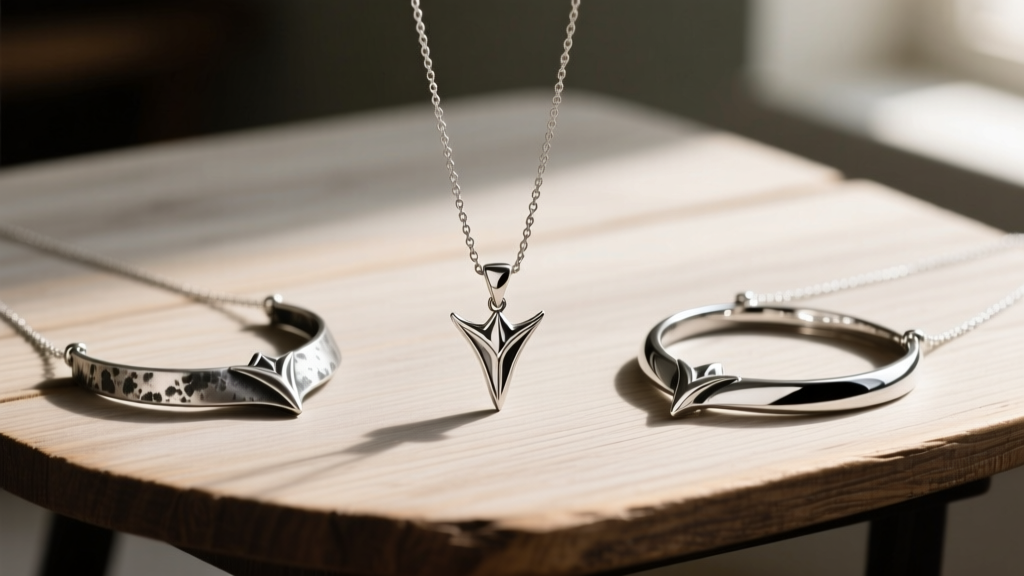 Three Arwen Evenstar necklaces on a wooden table, showing pewter, oxidized silver, and polished rhodium-plated silver finishes
