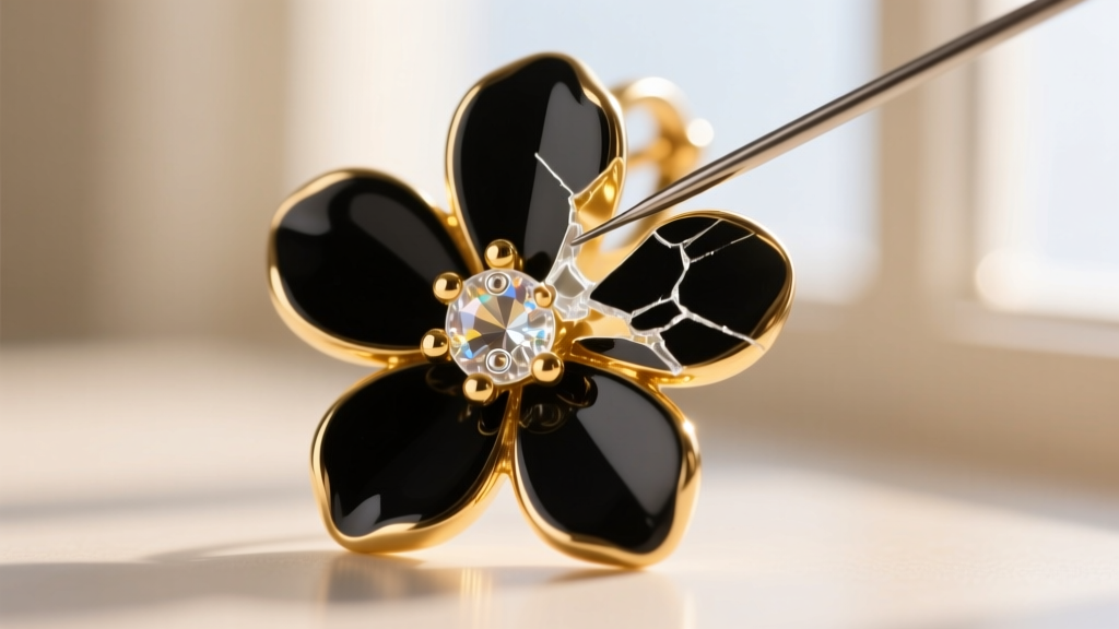 Macro shot of chipped black enamel on a gold flower earring petal being carefully filled with clear UV jewelry resin using a pin