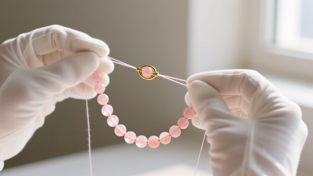 Hands wearing white cotton gloves carefully restringing a pale pink coral bead necklace onto synthetic thread with a gold clasp.