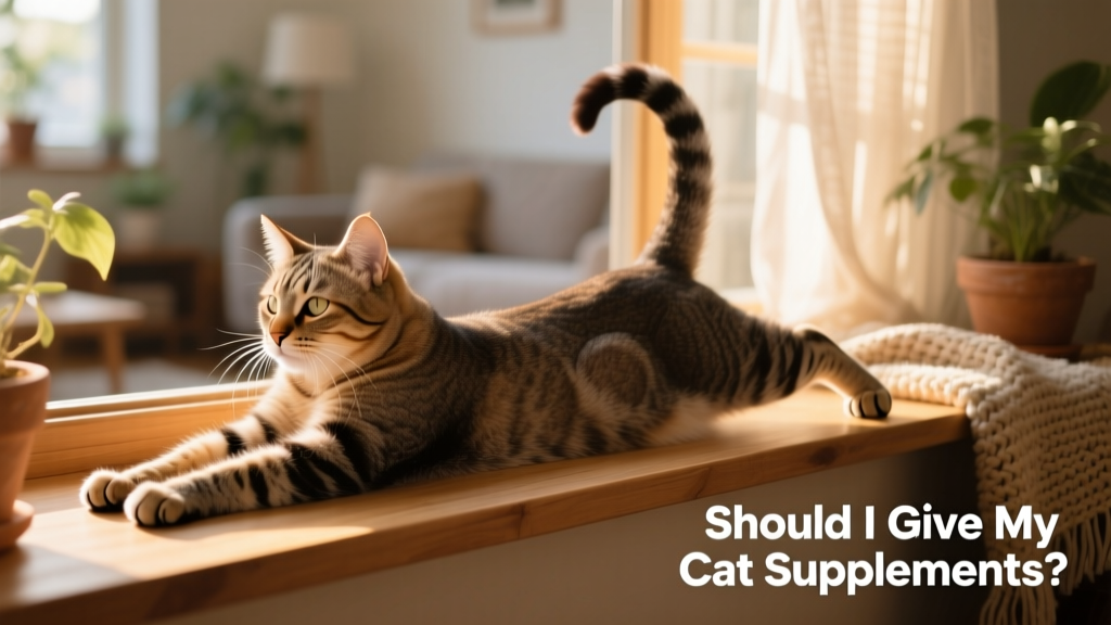 Senior cat stretching comfortably on a sunlit windowsill, showing relaxed posture and healthy movement