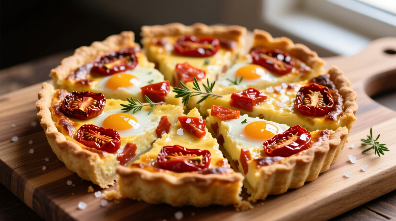 Golden-brown sun-dried tomato quiche with visible tomato pieces