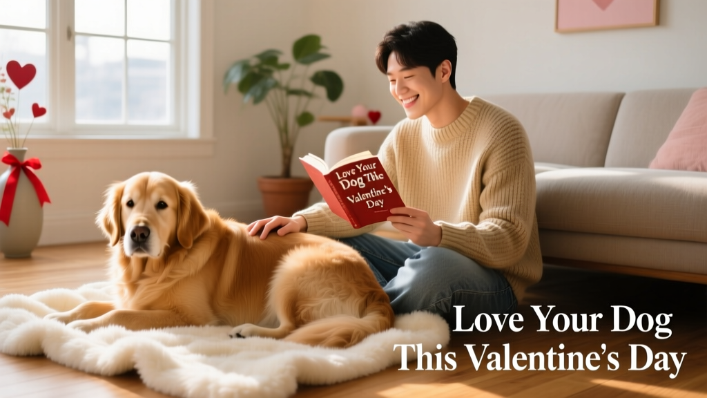 A golden retriever curled up on a plush faux-fur blanket beside a person reading a book
