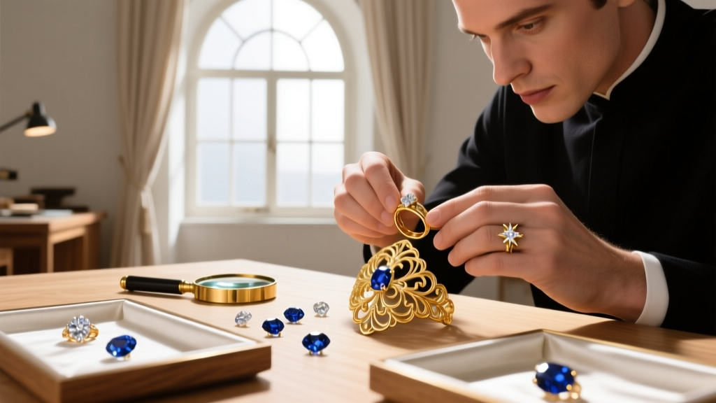 Jeweler's hands knotting a pearl strand with size E silk thread, showing tight spacing between perfectly round 8mm white pearls.