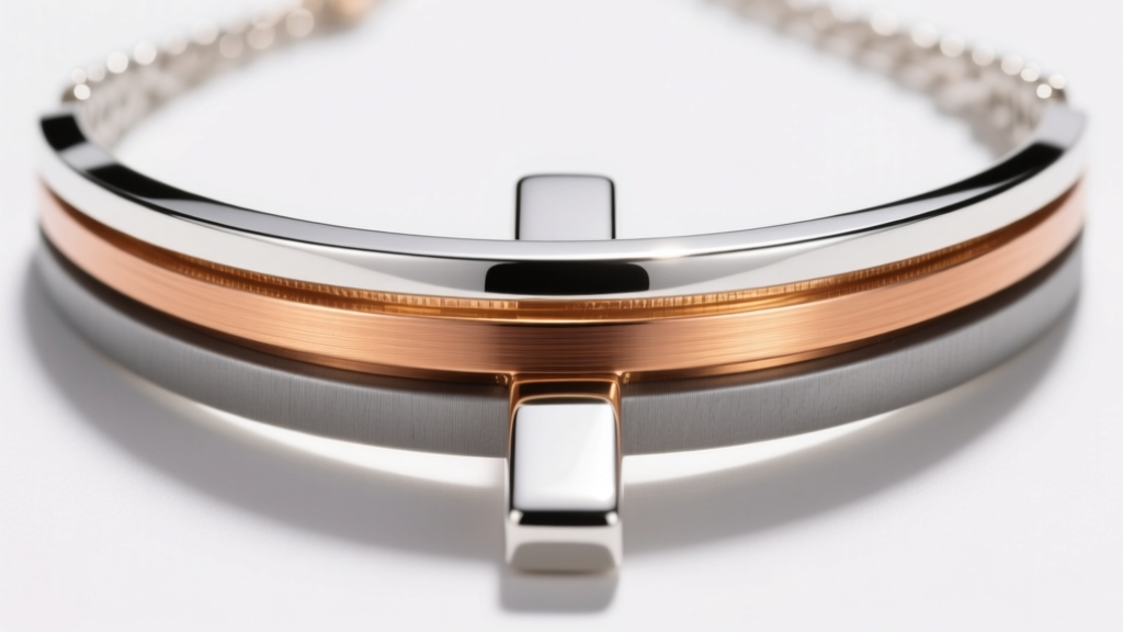 Technical illustration of a necklace cross-section showing a zinc base metal, copper strike layer, and thin silver plated topcoat.