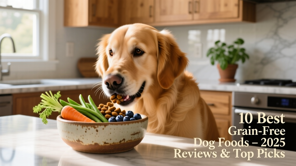 Dog happily eating from a ceramic bowl filled with kibble and fresh vegetables on a kitchen counter