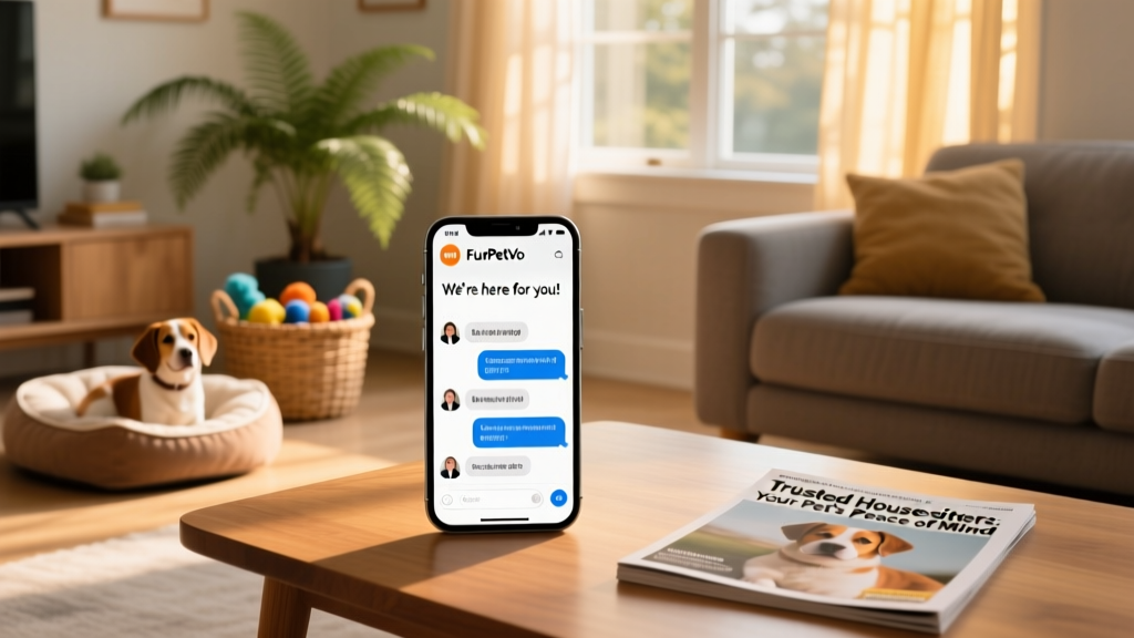 A smartphone screen showing the FurPetVo live chat interface with a friendly support agent responding in real time