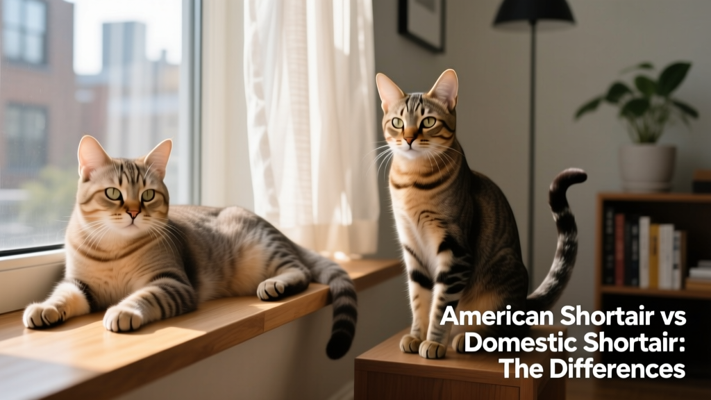 A relaxed Domestic Shorthair lounging on a windowsill beside a sleek American Shorthair sitting upright, illustrating typical posture and expression differences