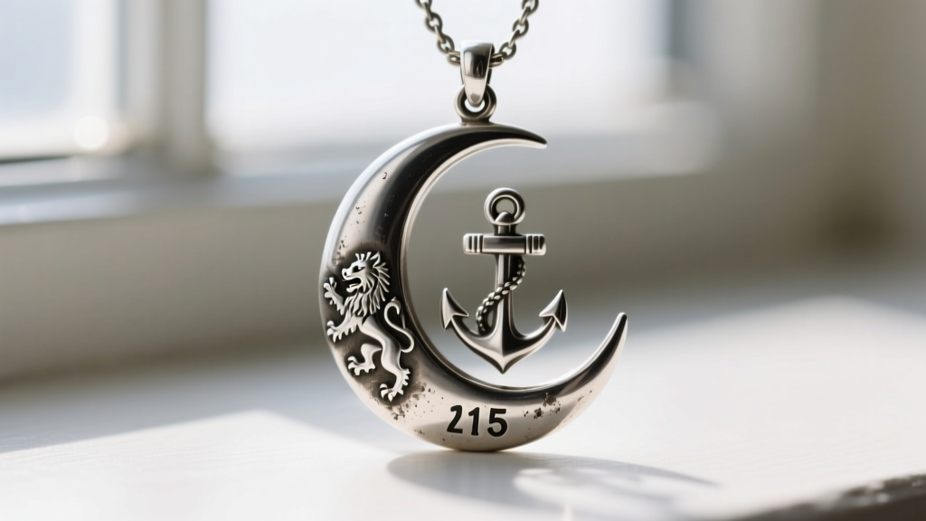 Macro photography of a worn British hallmark on a silver crescent moon pendant showing the anchor, lion passant, and date letter.