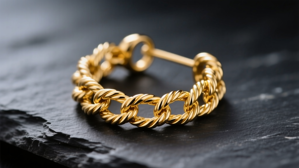 Macro photo of a 14k gold rope chain link earring on dark slate, showing intricate soldering points and bright metallic texture