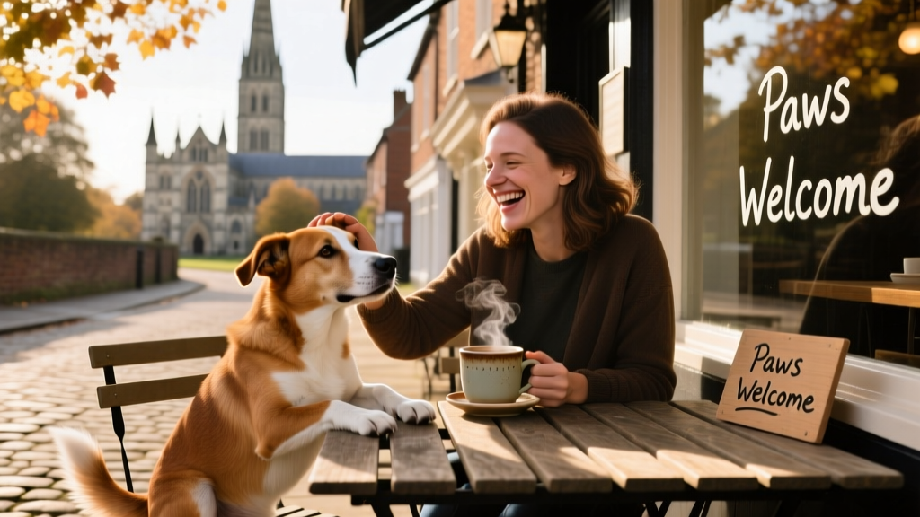 A pet parent and dog enjoying coffee at an outdoor café table in Salisbury.