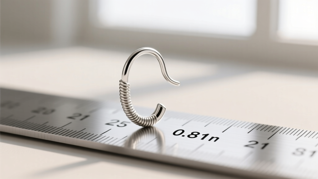 Macro photography of a 20-gauge sterling silver French hook earring wire next to a ruler, highlighting the 0.81mm thickness.