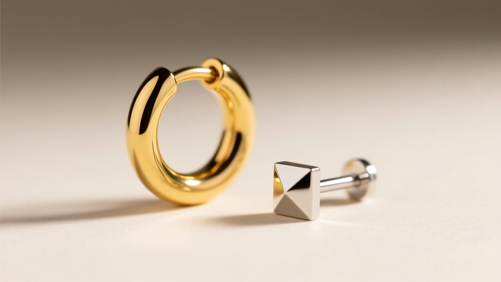 Close-up of a curated ear piercing featuring a 14k yellow gold helix hoop and a sterling silver lobe stud against soft studio light