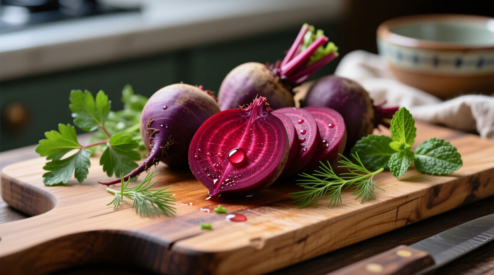 fresh beets on cutting board with herbs