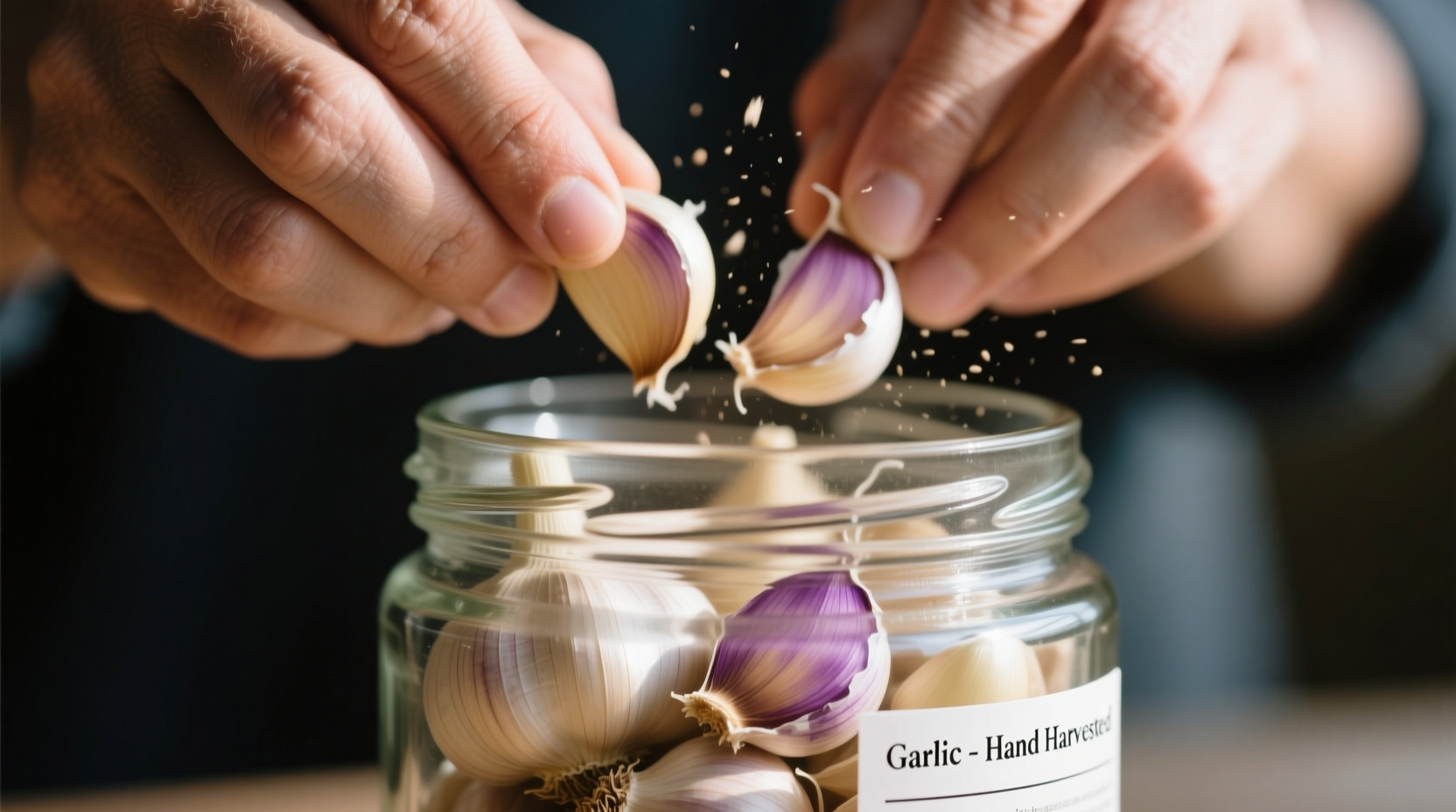 Hand shaking garlic cloves in glass container