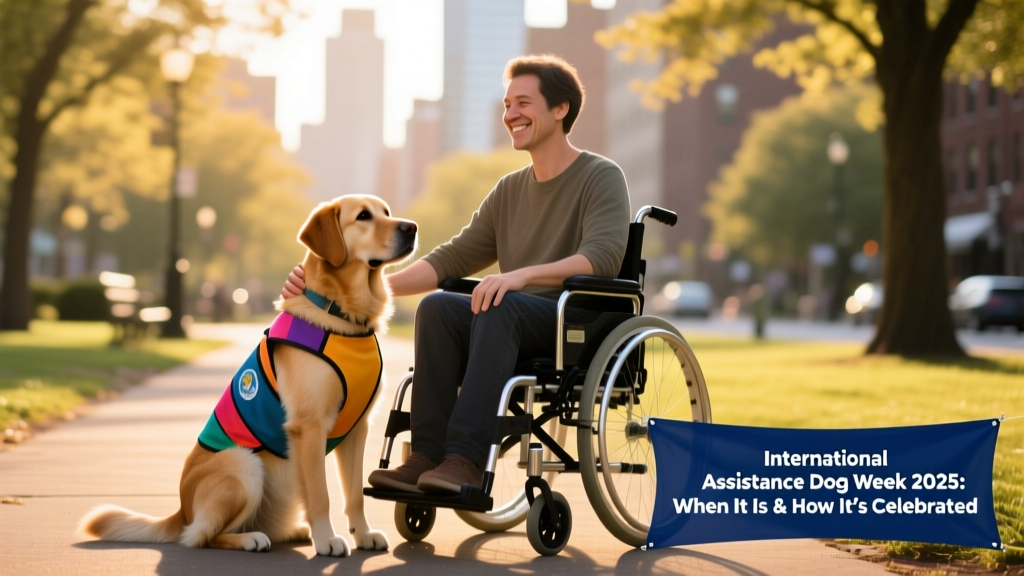 A service dog wearing a vest, sitting attentively beside a person using a wheelchair