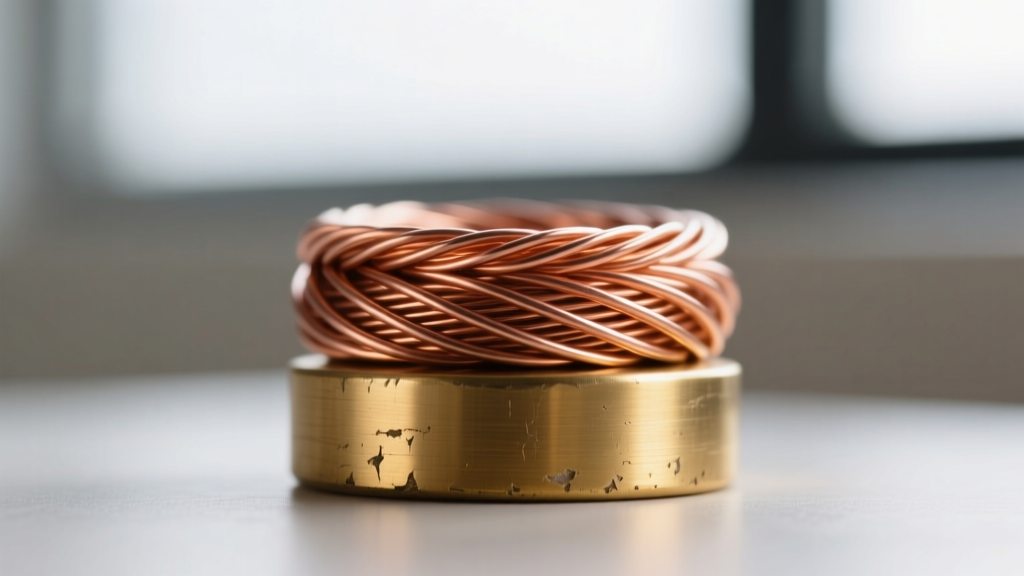 Macro photo of 24-gauge copper wire woven tightly around a 14-gauge brass base wire, showing precise tension and uniform spacing