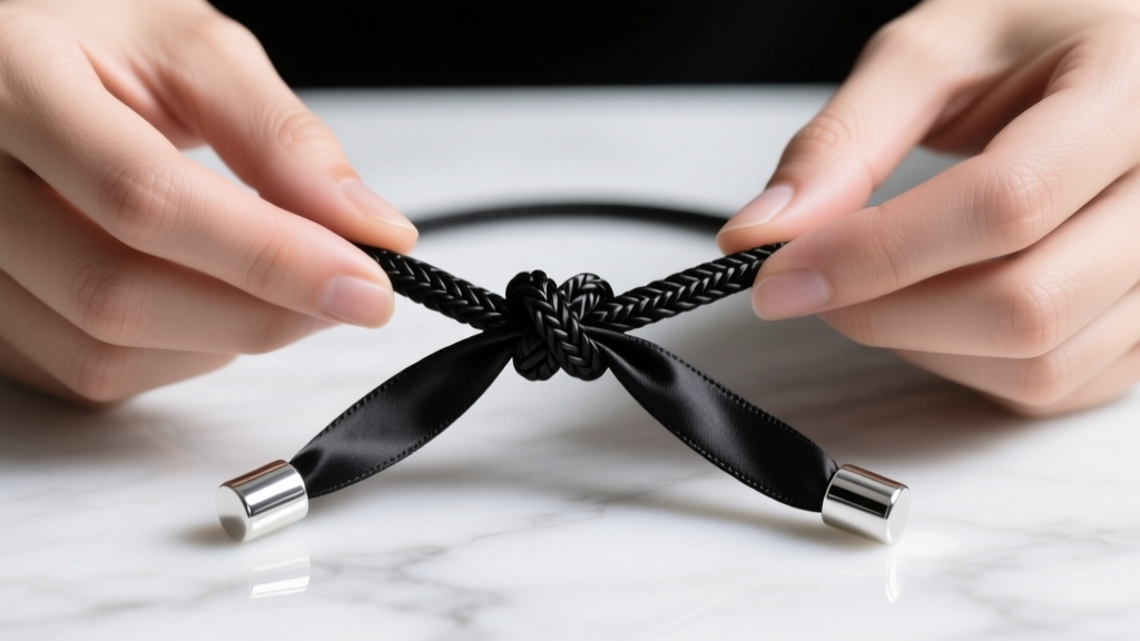 Hands tying a loop knot with a black silk lariat necklace, highlighting cord texture and silver caps on a white marble surface.