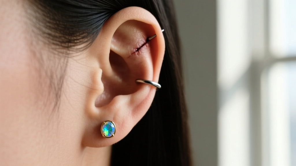 Side profile of a healed ear helix piercing wearing a perfectly fitted 6mm titanium flat earring with a small opal cabochon gem.