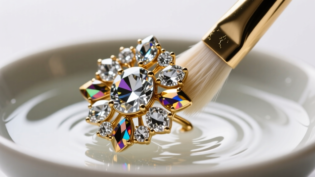 Close-up of a rhinestone-encrusted brass brooch gently brushed with a soft nylon detailing brush and mild soapy water in a bowl.