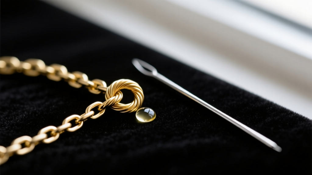 Macro shot of a tangled 0.8mm gold cable chain on dark velvet, next to a fine sewing needle and mineral oil for untangling