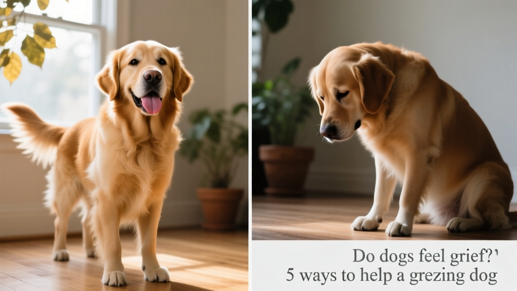 Side-by-side images showing a dog’s relaxed, happy expression next to one displaying signs of sadness—head lowered, eyes soft, body slightly hunched