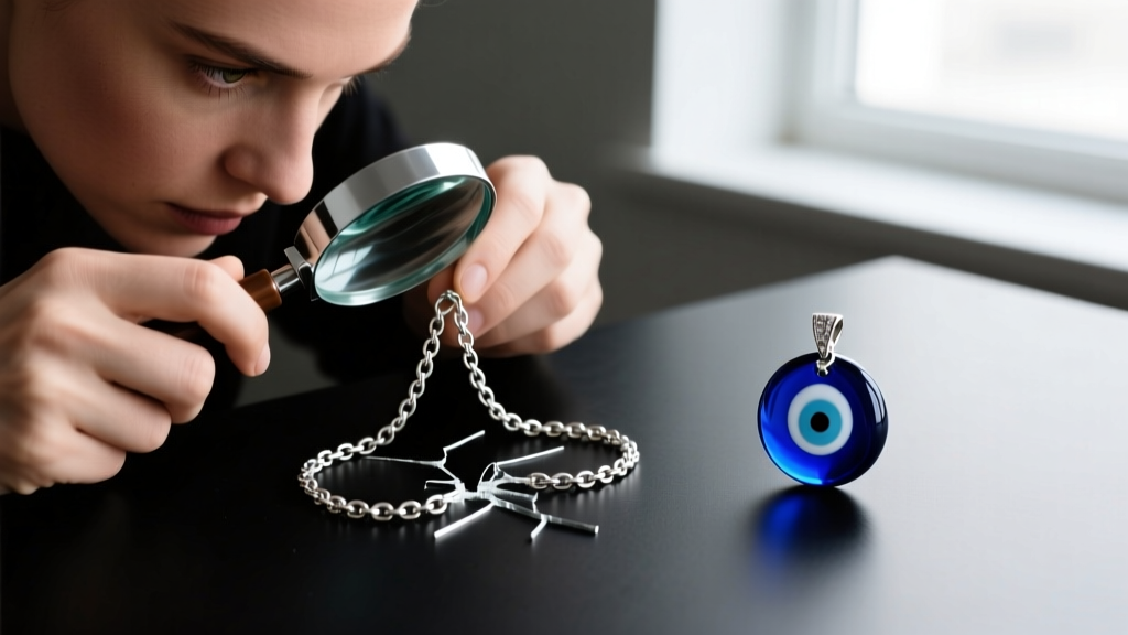 Jeweler examining a broken 1mm sterling silver rolo chain jump ring under a loupe near a delicate blue evil eye glass pendant