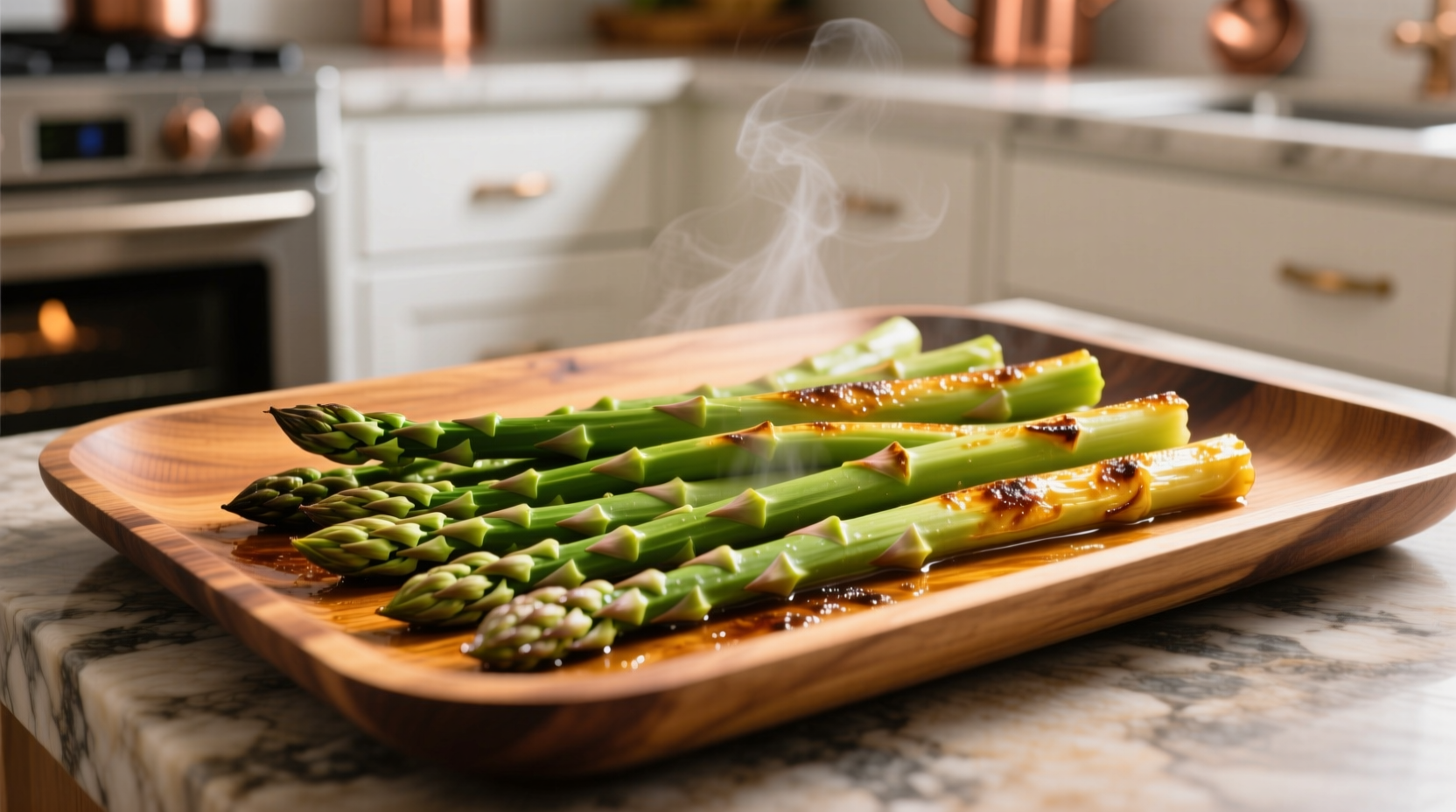 Fresh asparagus roasting in oven tray