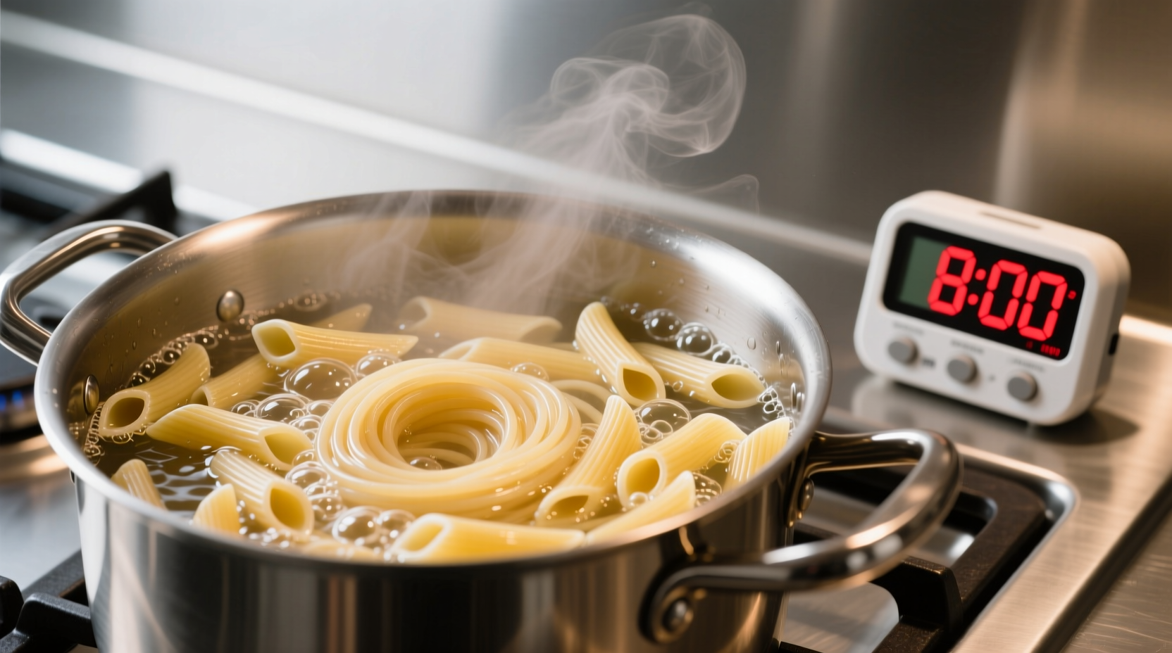Elbow macaroni cooking in boiling water with timer set to 8 minutes