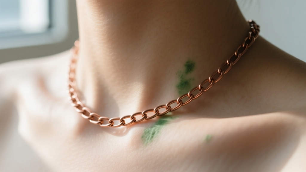 Macro shot of a delicate copper chain on a collarbone, revealing a faint green oxidation stain on the skin under soft daylight