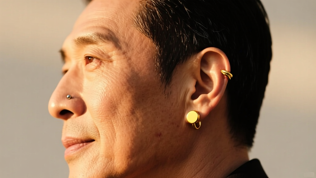 Side profile of a man with a healed helix piercing showing a 14k solid yellow gold clicker ring in warm natural sunlight.