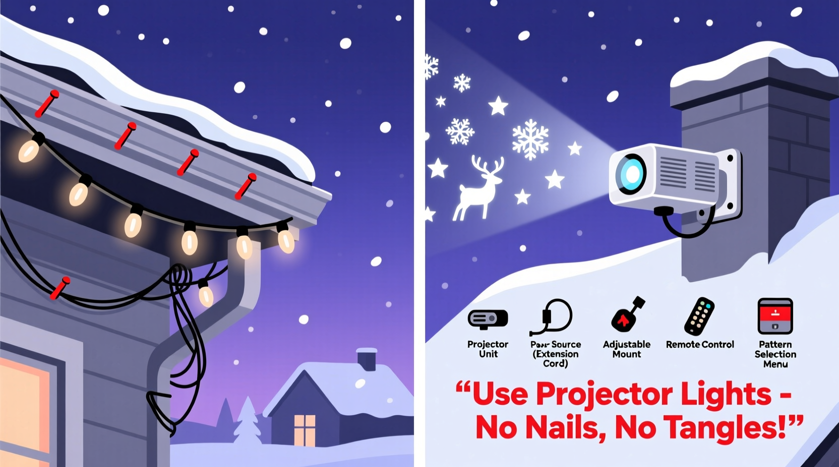 how to use projector christmas lights instead of stringing across eaves